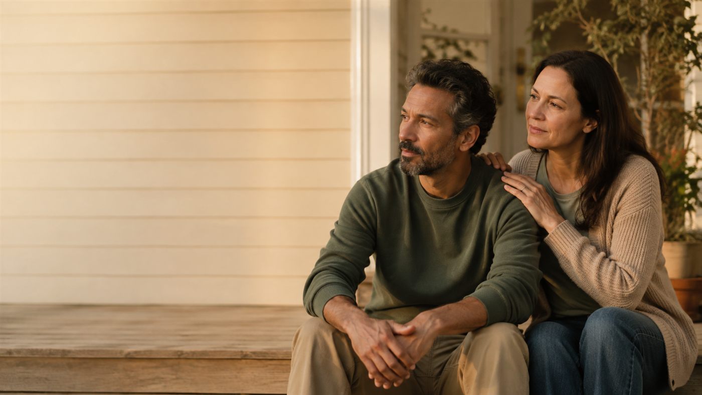 A couple sitting together on a porch in soft morning light
